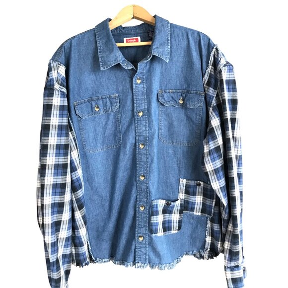 Upcycled Tops - Upcycled Denim Plaid Flannel Jean Jacket, Boho Patchwork Shirt Plus Size XL - 2X
